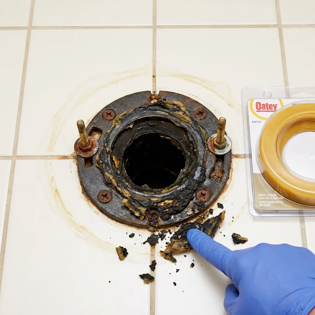 Failed wax ring showing water seepage at the base of a toilet in a Freeport, NY home