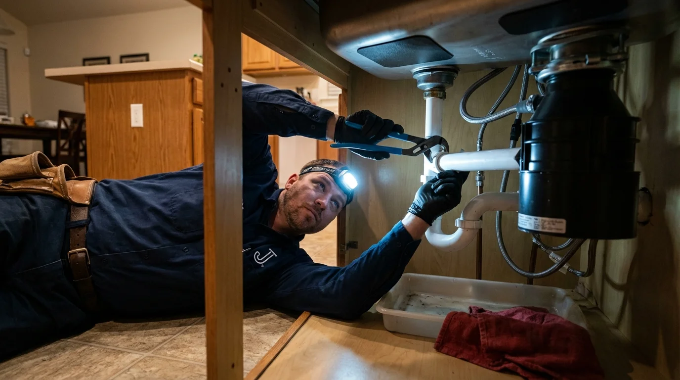 P-trap and supply line connections under a kitchen sink showing a common leak point in Freeport, NY